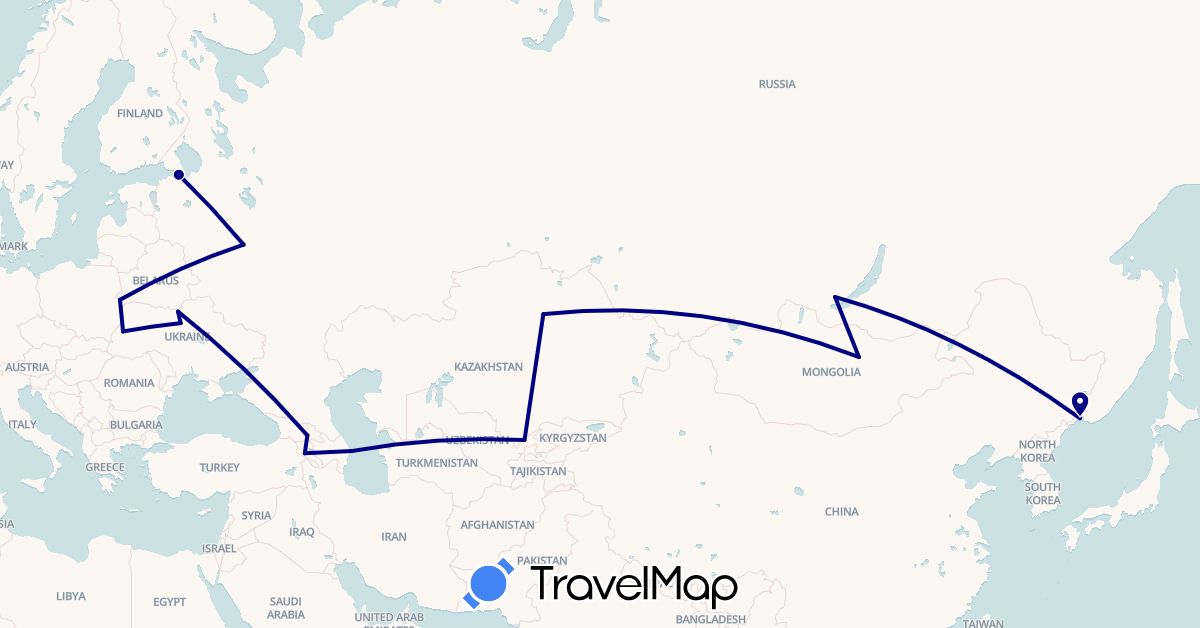 TravelMap itinerary: driving in Armenia, Azerbaijan, Belarus, Georgia, Kazakhstan, Mongolia, Russia, Ukraine, Uzbekistan (Asia, Europe)