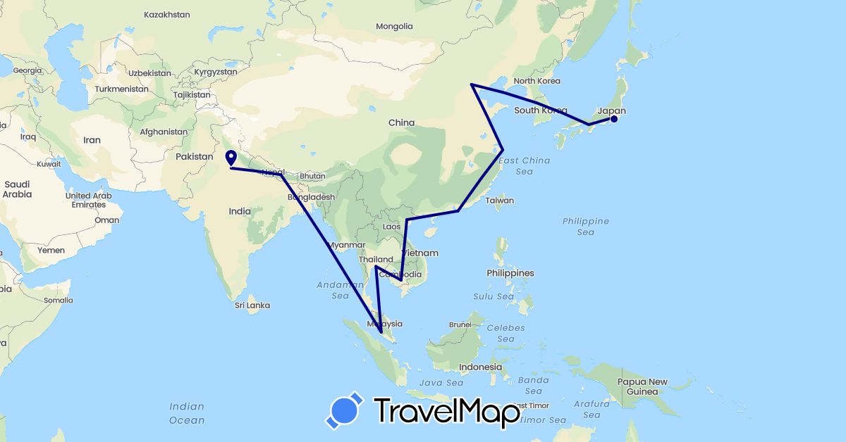 TravelMap itinerary: driving in China, India, Japan, Cambodia, South Korea, Malaysia, Nepal, Thailand, Vietnam (Asia)