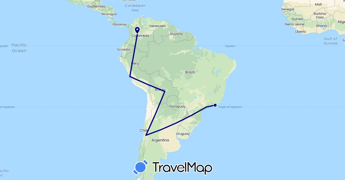 TravelMap itinerary: driving in Bolivia, Brazil, Chile, Colombia, Peru (South America)